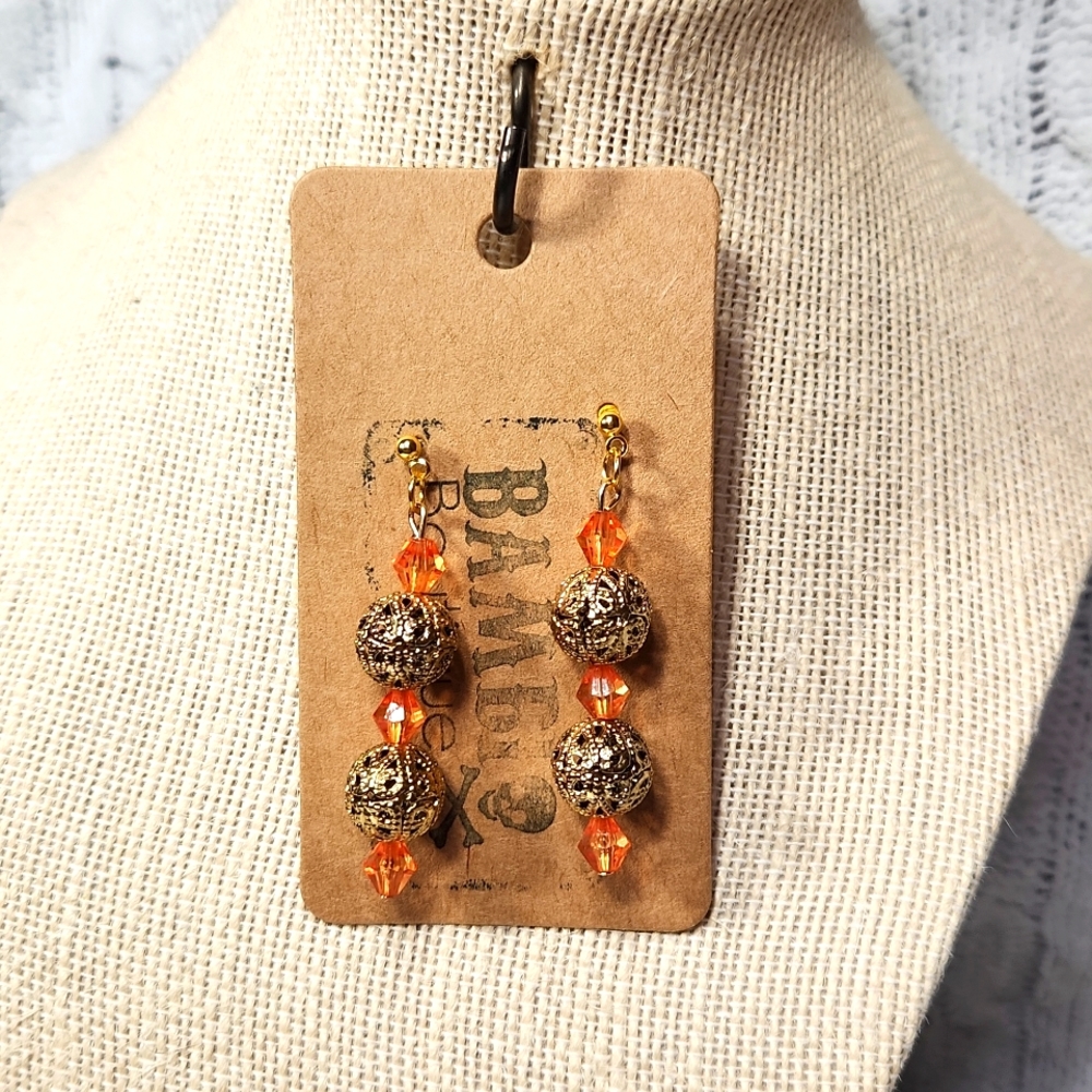 Handmade Orange & Gold Colored Detailed Beads Drop Post Earrings